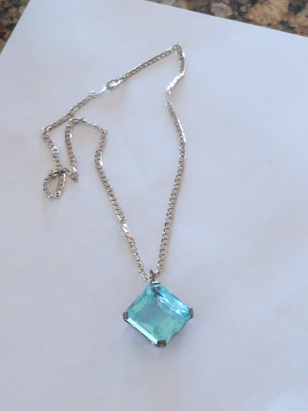 Silver Chain Necklace with Aqua Square Pendant - Women Jewelry